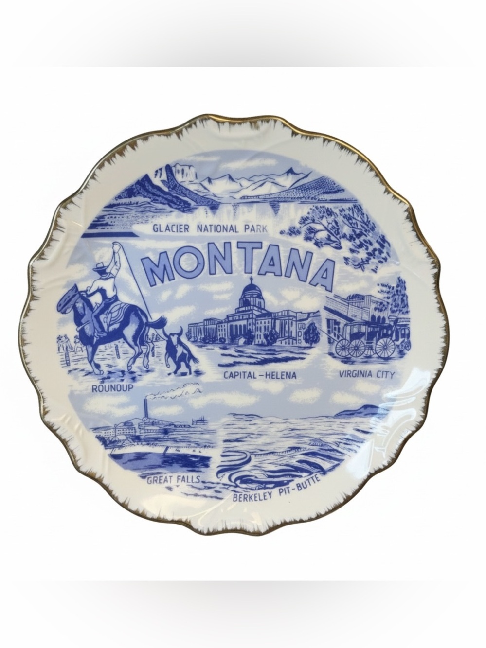 Vintage State of Montana Blue and White Decorative Plate